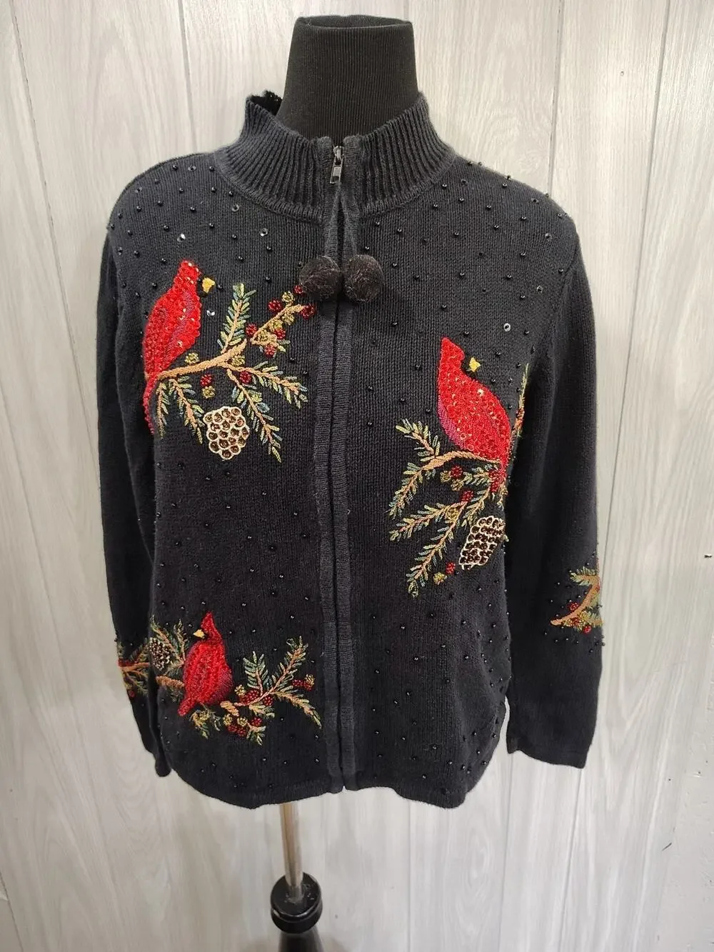 Women's Embellished Full Zip Sweater M Cardinal Grandma Core Mom Embroidered